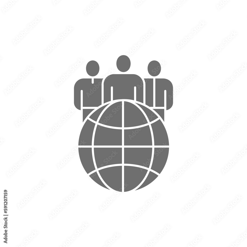 Globe earth with group of people, mationality, international team grey fill icon. Global technology, internet, social network symbol design. Globe earth with group of people, mationality, international team grey fill icon. Global technology, internet, social network symbol design.