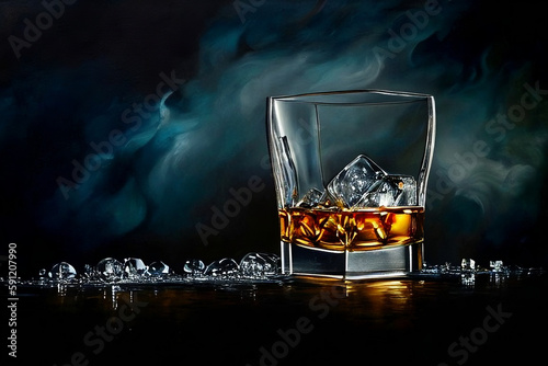 Glass of brandy or whisky with ice cubes in the night club read for gentlemen with cigar generative Ai © Kevin S.