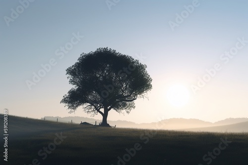 A minimalist landscape with a tree silhouette, Generative AI
