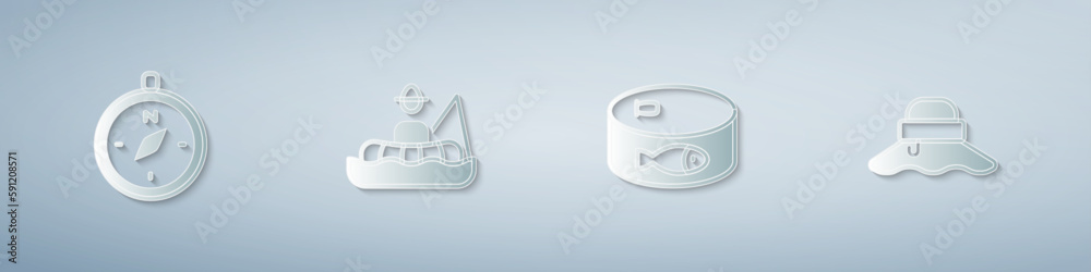 Set Compass, Fisherman in boat, Canned fish and hat. Paper art style. Vector