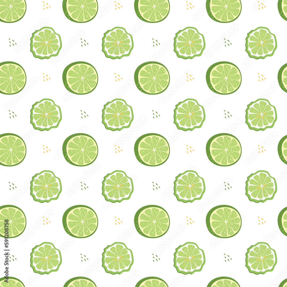 Seamless pattern of green slices of citrus lime and bergamot. Vector illustration isolated on a white background for fabric, decor and wrapping paper
