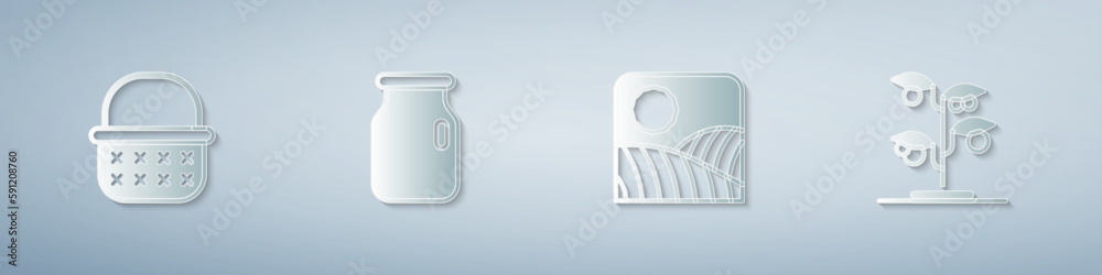 Set Wicker basket, Glass jar with screw-cap, Agriculture wheat field farm and Sprout. Paper art style. Vector Set Wicker basket, Glass jar with screw-cap, Agriculture wheat field farm and Sprout. Paper art style. Vector