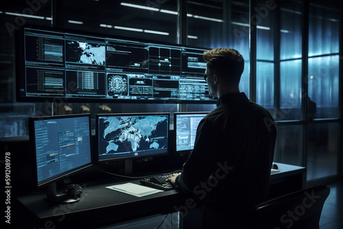 GENERATIVE AI Cybersecurity expert monitoring an advanced security system