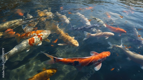 Overhead view of koi carps swimming in pond. Generative Ai. © Kowit