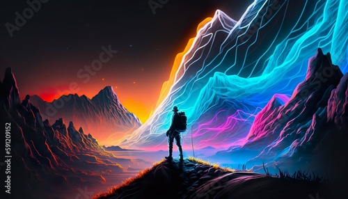 An adventurous man walking through the hills and mountains made of neon trails travelling created with Generative AI technology.