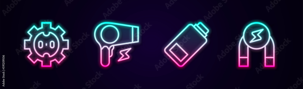 Set line Electrical outlet, Hair dryer, Battery charge and Magnet. Glowing neon icon. Vector Set line Electrical outlet, Hair dryer, Battery charge and Magnet. Glowing neon icon. Vector
