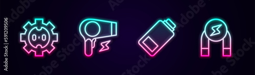 Set line Electrical outlet, Hair dryer, Battery charge and Magnet. Glowing neon icon. Vector