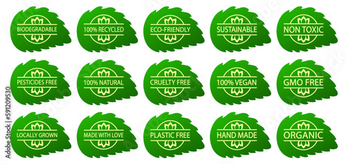 Set of biodegradable, sustainable, eco-friendly logos. Locally grown food, cruelty free product. Hand made, gmo free icons. Pesticides free