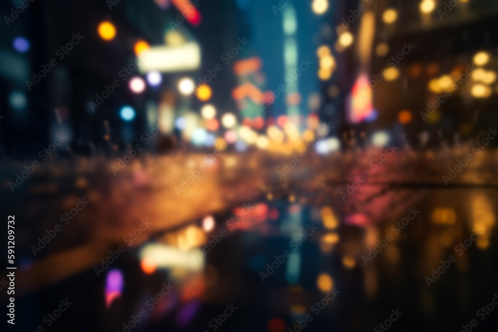 Abstract night light of cityscape road bokeh. Blur urban city street road with raining and lighting bokeh for background.