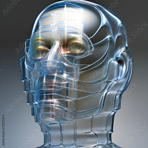 Nahaufnahme blaue glasskulptur von menschlichem Kopf, neutraler Hintergrund