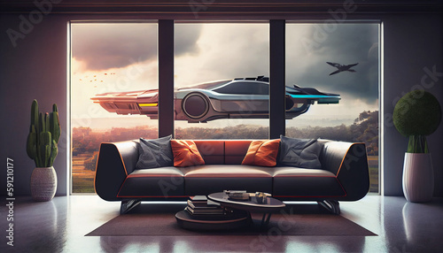 sala futurista com janela com carro voador passando photo
