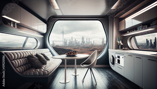 casa futurista compacta com janela com vista pra cidade sala e cozinha 