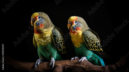 Isolated Colorful Two Parakeets On Black Background, Generative Ai © Jaunali