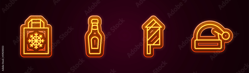 Set line Christmas shopping bag, Champagne bottle, Firework rocket and Santa Claus hat. Glowing neon icon. Vector