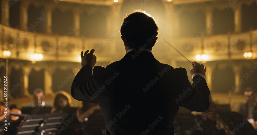 Back View Cinematic shot of Conductor Directing Symphony Orchestra with Performers Playing Violins, Cello and Trumpet on Classic Theatre with Curtain Stage During Music Concert - obrazy, fototapety, plakaty 