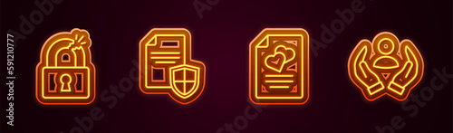 Set line Broken or cracked lock, Contract with shield, Marriage contract and Life insurance. Glowing neon icon. Vector