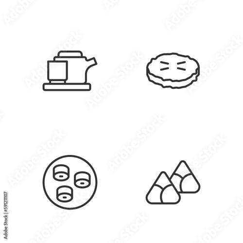 Set line Zongzi in bamboo steamer, Sushi, Traditional ceremony and Homemade pie icon. Vector