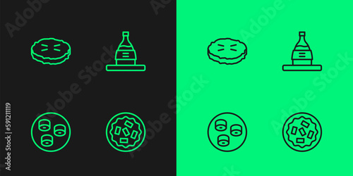 Set line Homemade pie, Sushi, and Bottle of sake icon. Vector