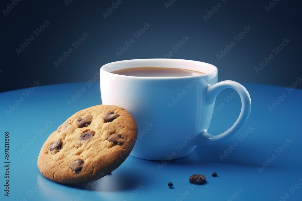 Coffee mug and cookie illustration, blue background. Generative AI Coffee mug and cookie illustration, blue background. Generative AI