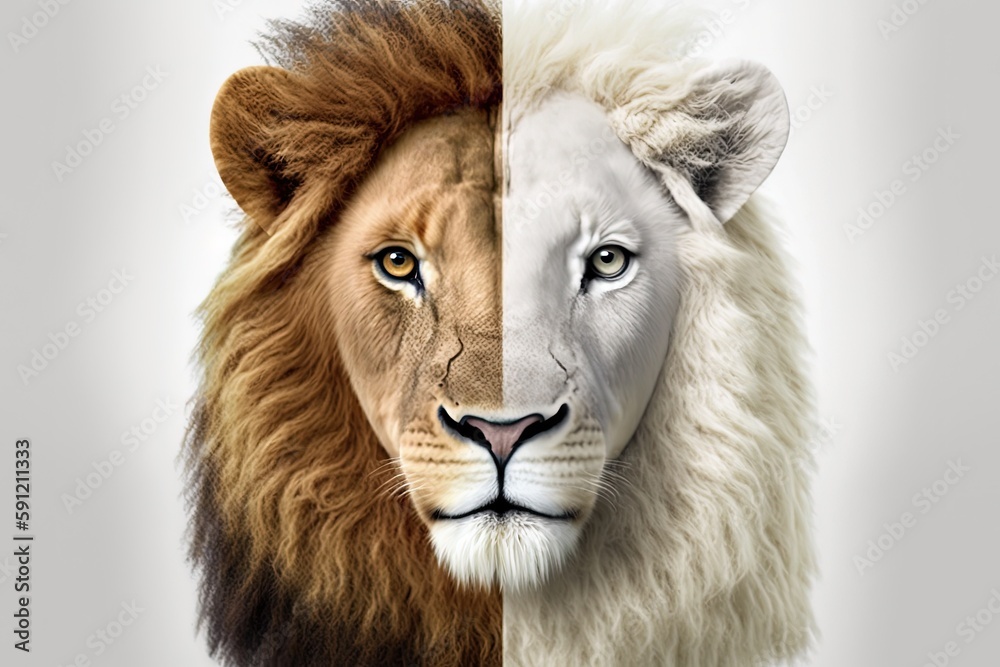 Lion face illustration, half albino, white background. Generative AI Lion face illustration, half albino, white background. Generative AI