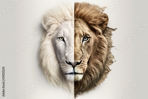 Lion face illustration  half albino  white background. Generative AI