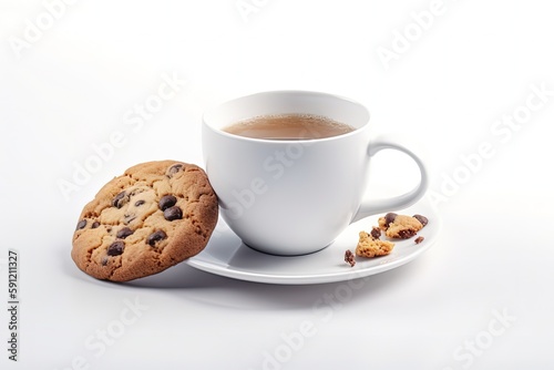 Coffee mug and cookie illustration, white background. Generative AI
