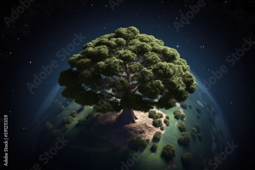 Planet earth and tree illustration, view from space, environmental preservation concept. Generative AI