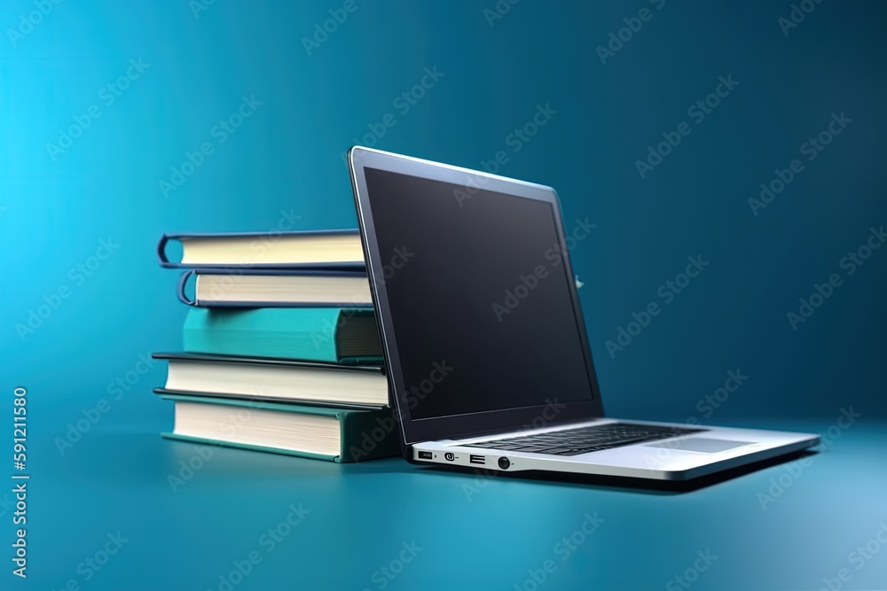 Laptop and books illustration, technology and knowledge concept, blue background. Generative AI Laptop and books illustration, technology and knowledge concept, blue background. Generative AI