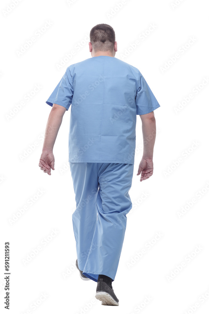 rear view. a male medic confidently striding forward . rear view. a male medic confidently striding forward .