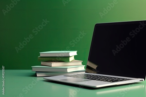 Laptop and books illustration, technology and knowledge concept, green background. Generative AI
