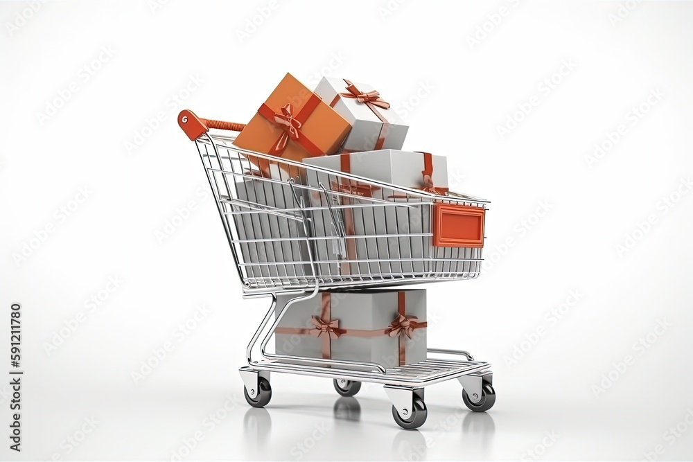 Illustration of shopping cart and cardboard boxes, online store concept, background. Generative AI