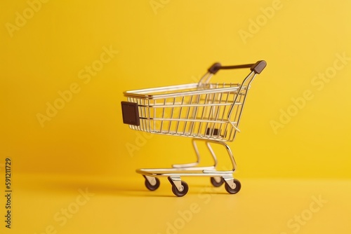 Illustration of shopping cart, online stores concept, yellow background. Generative AI