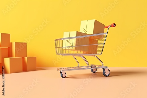 Illustration of shopping cart and cardboard boxes, online store concept, background. Generative AI