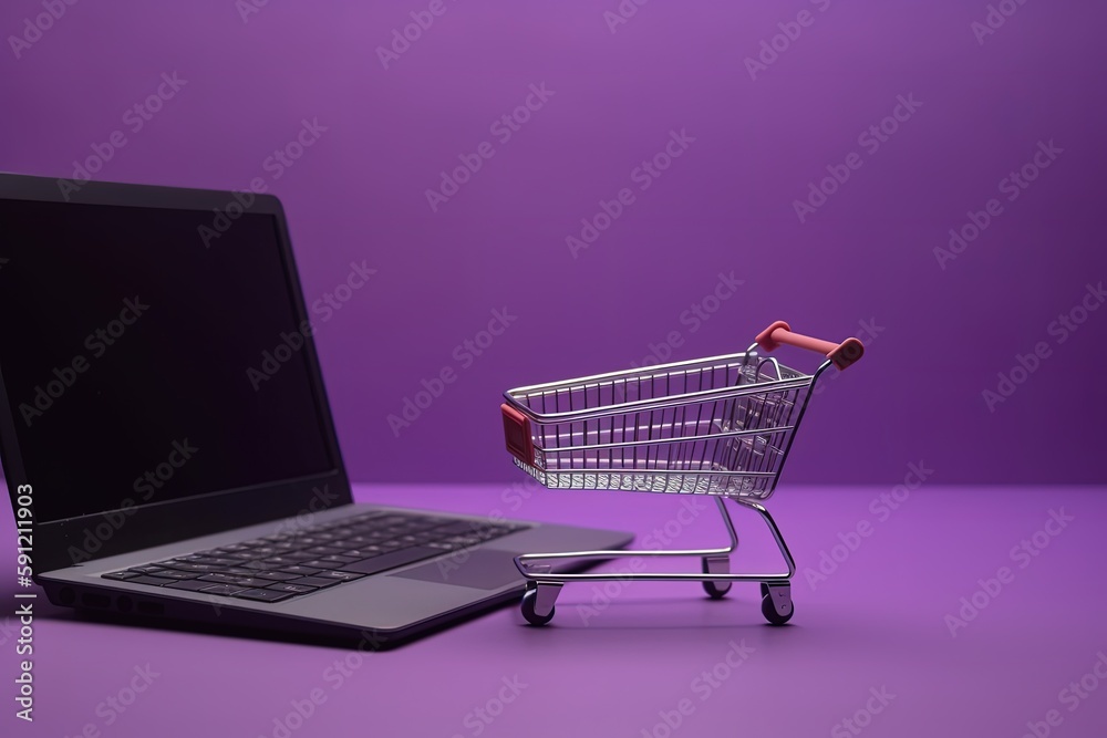 Illustration of shopping cart and laptop, online stores concept, purple background. Generative AI