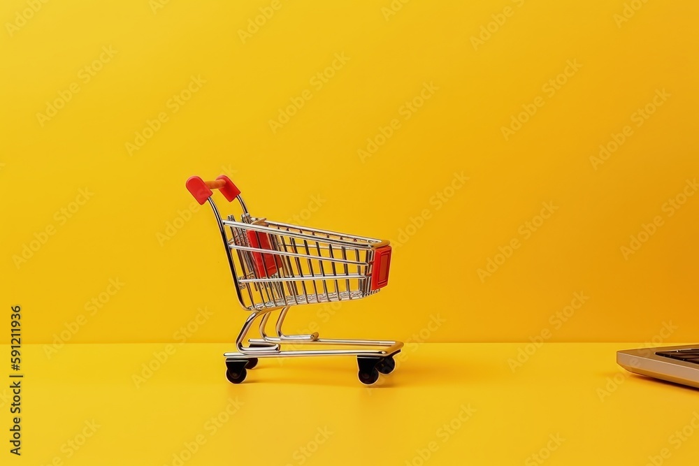 Shopping cart illustration, online stores concept, yellow background. Generative AI Shopping cart illustration, online stores concept, yellow background. Generative AI