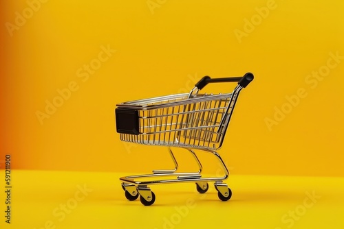 Shopping cart illustration, online stores concept, yellow background. Generative AI