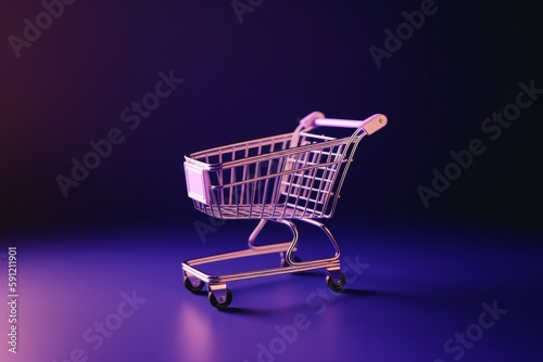 Shopping cart illustration, online stores concept, purple background. Generative AI