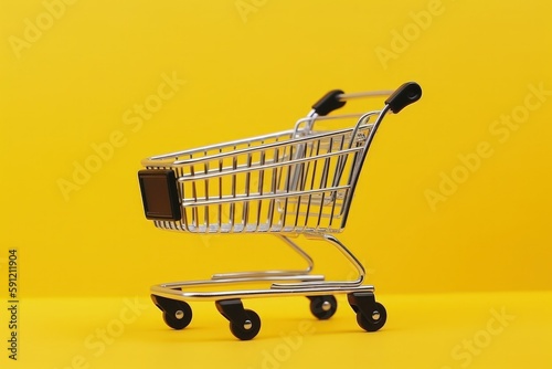 Shopping cart illustration, online stores concept, yellow background. Generative AI