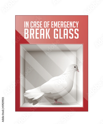End this war now - peace symbol - white pigeon locked in a box with the inscription in case of emergency break the glass - concept graphic