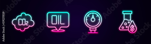 Set line CO2 emissions in cloud, Word oil, Motor gas gauge and Oil petrol test tube. Glowing neon icon. Vector