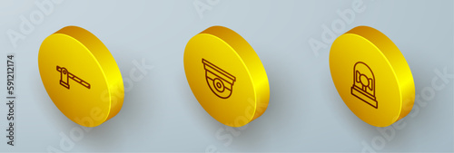 Set Isometric line Parking car barrier, Security camera and Ringing alarm bell icon. Vector
