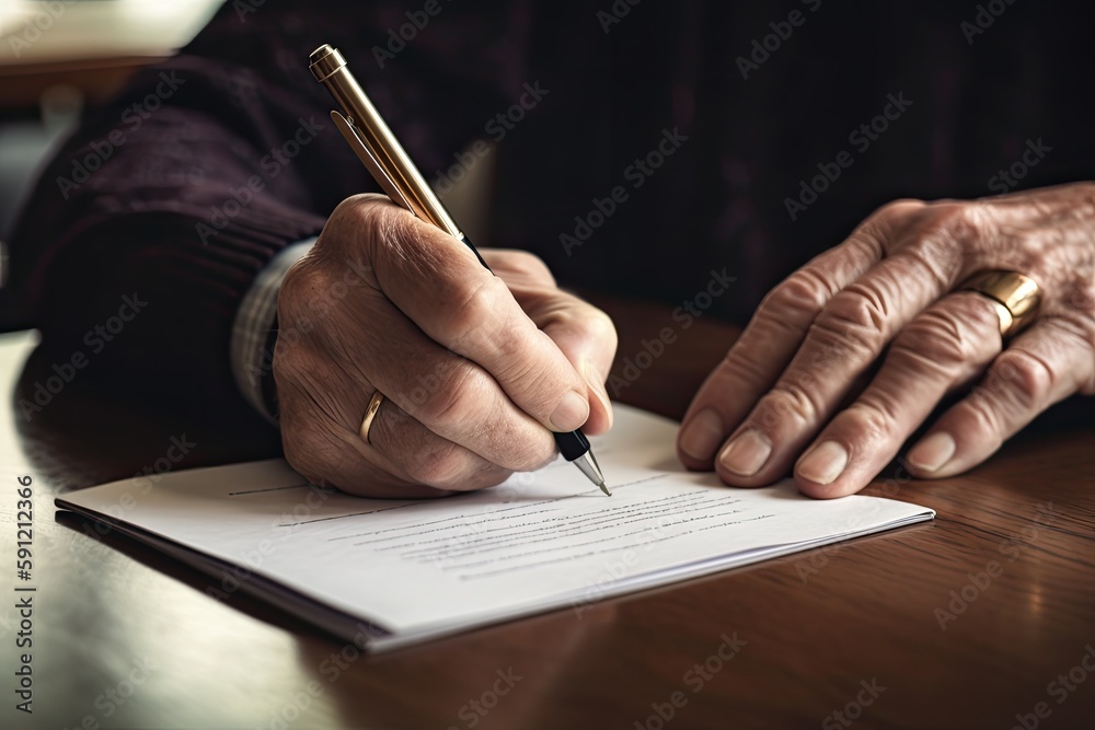 Close-up Of Businessperson Signing Contract, writing paper at the desk with pen and reading books at table with basic business Form document working in office. Generative Ai. Close-up Of Businessperson Signing Contract, writing paper at the desk with pen and reading books at table with basic business Form document working in office. Generative Ai.