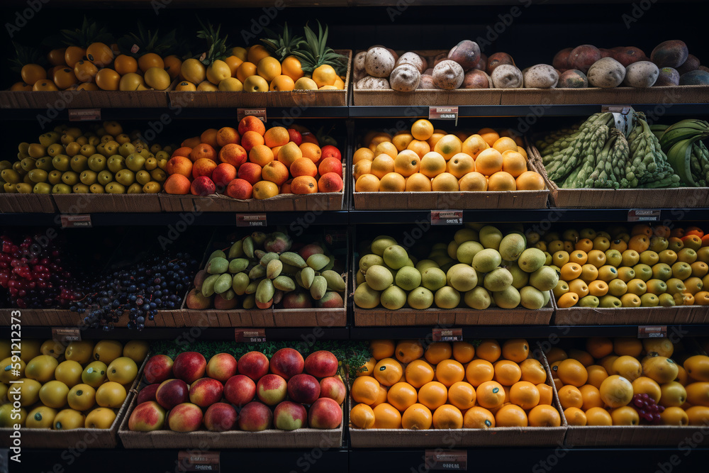 fresh fruits on the shelves in the supermarket. ai generative