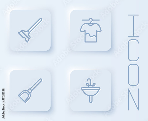 Set line Mop, Drying clothes, Dustpan and Washbasin. White square button. Vector