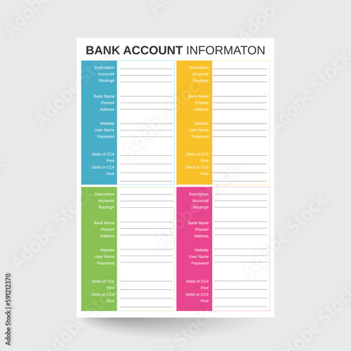 Bank Account Tracker,Bank Account Info,Account Tracker,Account Keeper,Money Tracker,Bank Info Tracker,account register,account planner,bank organizer,bank info insert