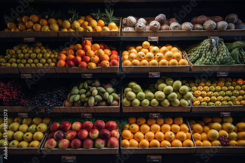 fresh fruits on the shelves in the supermarket. ai generative