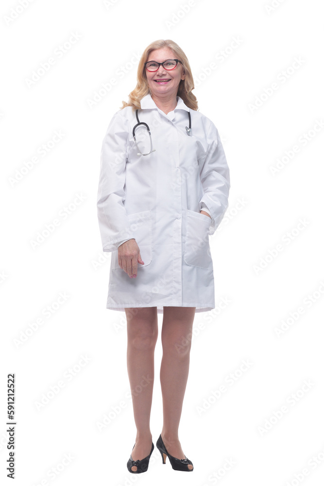 experienced female doctor with a stethoscope . isolated on a white background. experienced female doctor with a stethoscope . isolated on a white background.
