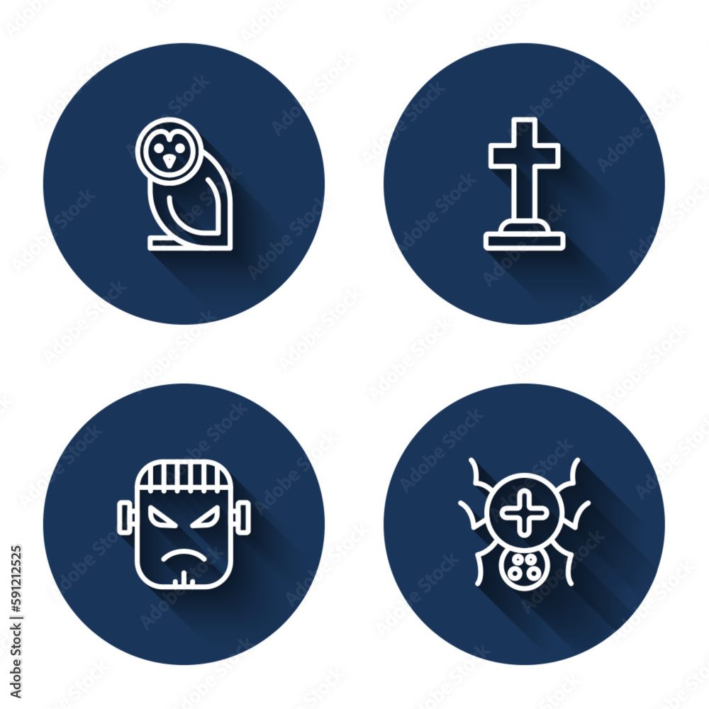 Set line Owl bird, Tombstone with cross, Frankenstein face and Spider with long shadow. Blue circle button. Vector Set line Owl bird, Tombstone with cross, Frankenstein face and Spider with long shadow. Blue circle button. Vector