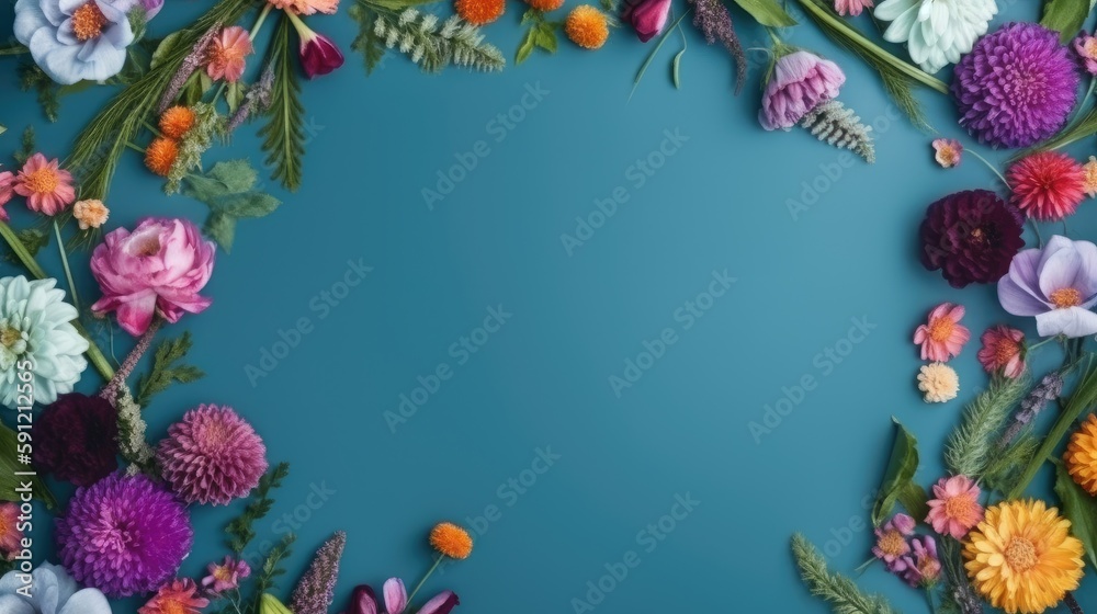Flowers composition romantic. flowers, photo frame on pastel blue background. Valentine's Day, Easter, Birthday, Happy Women's Day, Mother's day. Flat lay, top view, copy space. Generative Ai