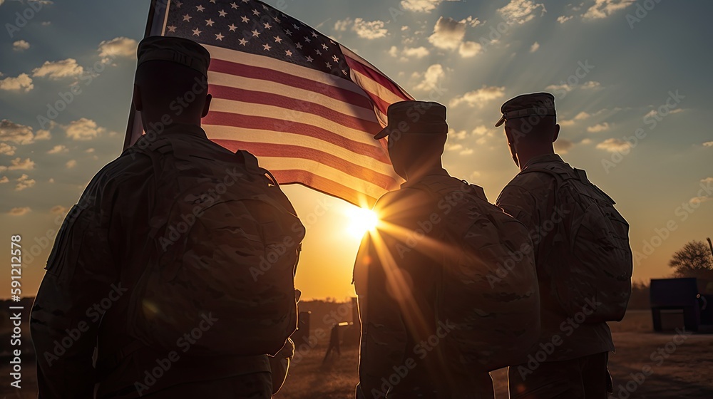 USA army soldier with nation flag. Greeting card for Veterans Day , Memorial Day, Independence Day . America celebration. Generative Ai.